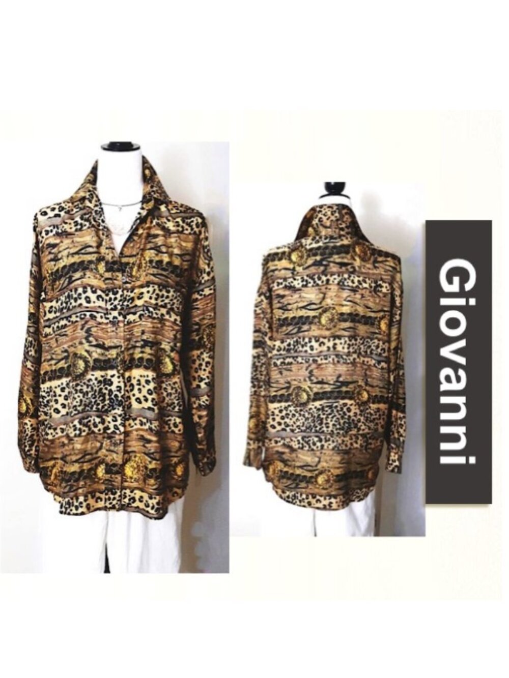 GIOVANNI 100% Silk Blouse Brown Black Leopard Print Oversized Collar L-Sleeve